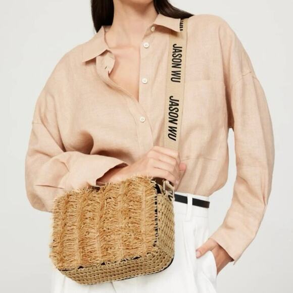 JASON WU Sylvia Small Straw Camera Crossbody Canvas Logo Adjustable Strap 
Bag - Picture 2 of 9